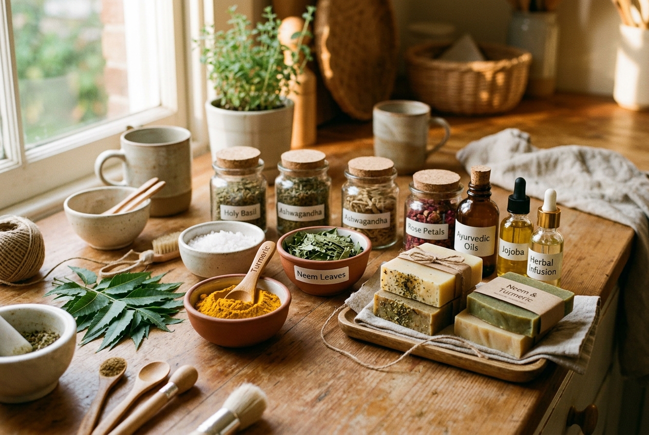 Natural Ayurvedic ingredients and handmade soaps in a home workspace